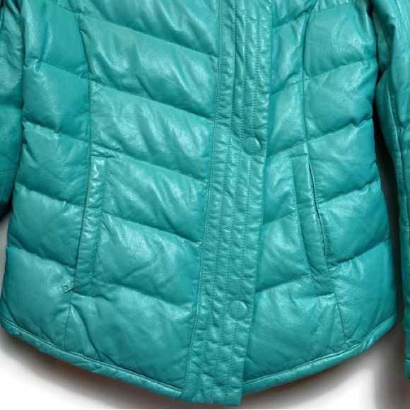 Danier Leather Teal Down Quilted Jacket Asymmetrical High Collar … - Picture 6 of 9